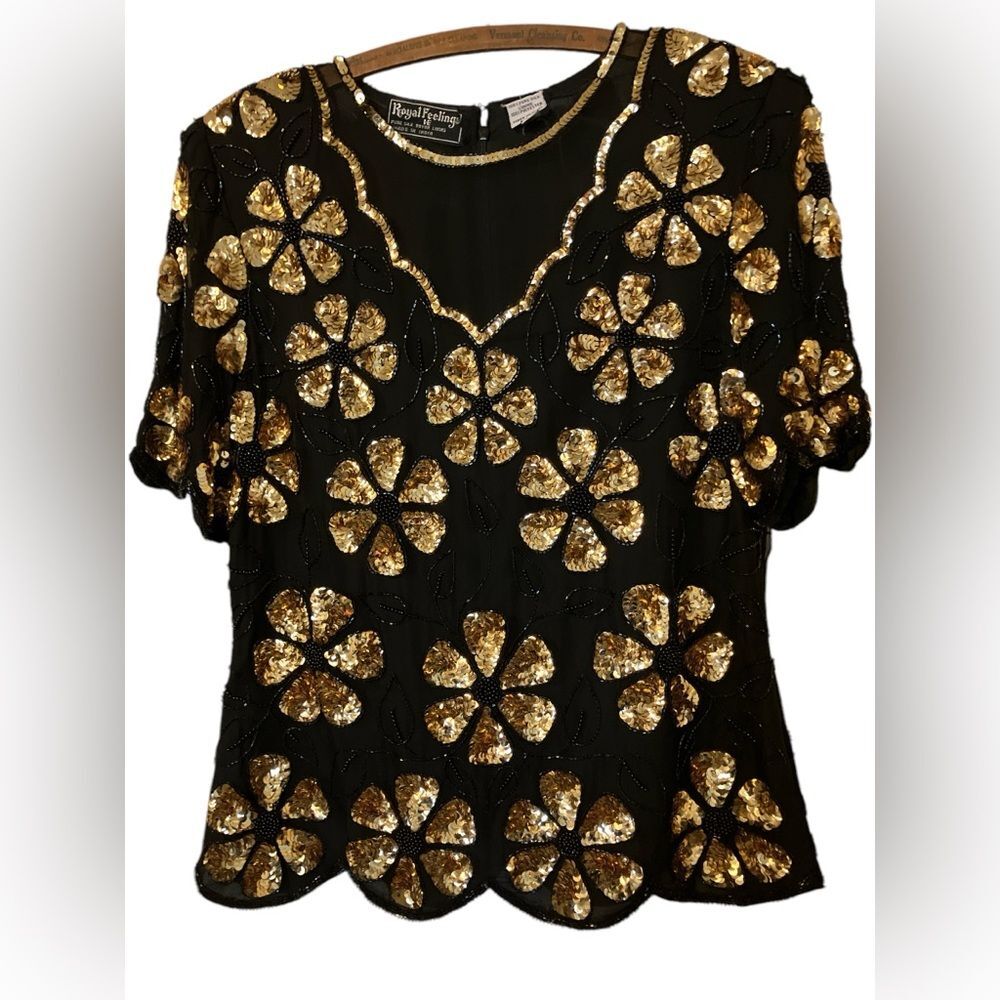 Vintage Royal Feelings Daisy Sequin Top Size M Retro Cruise Resort New Years Eve